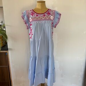 Mi Golondrina Light Blue Embroidered Tiered Dress with Pink Accents